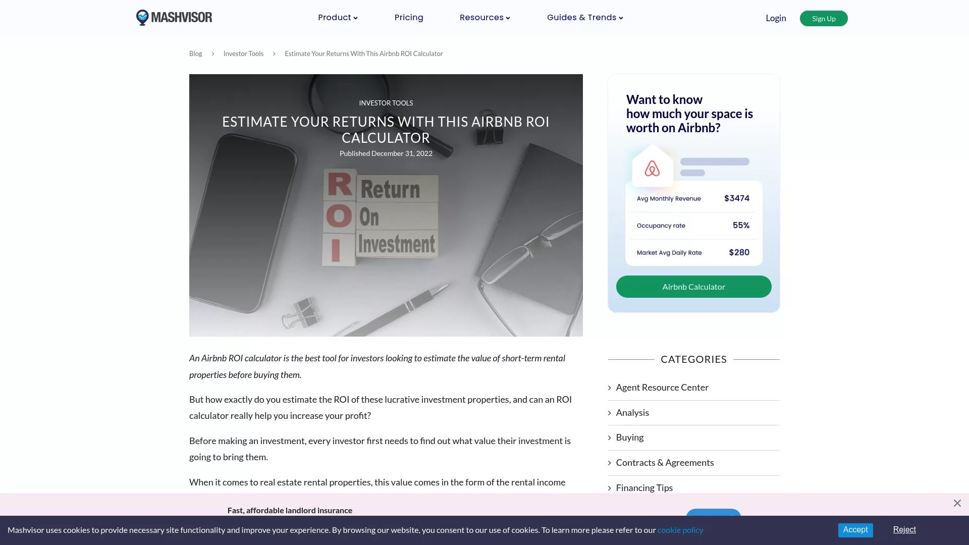Ici, une capture du calculateur de ROI de Mashvisor. On voit bien les graphiques et les cases pour entrer les coûts, les revenus, et voir des indicateurs comme le cash-on-cash return.