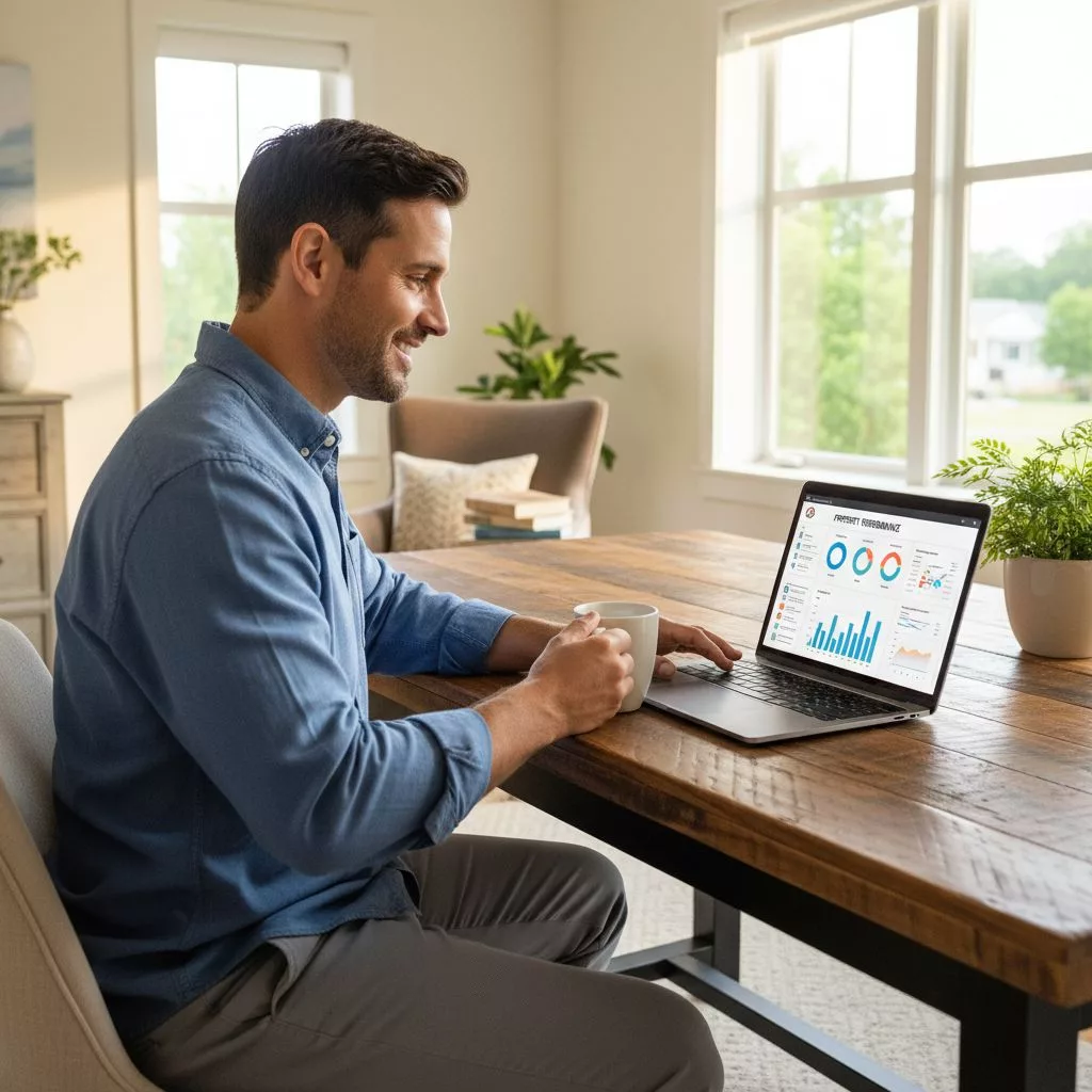 Investisseur immobilier souriant en regardant la performance de ses biens sur son ordinateur portable dans un cadre confortable, illustrant la liberté financière et le gain de temps.