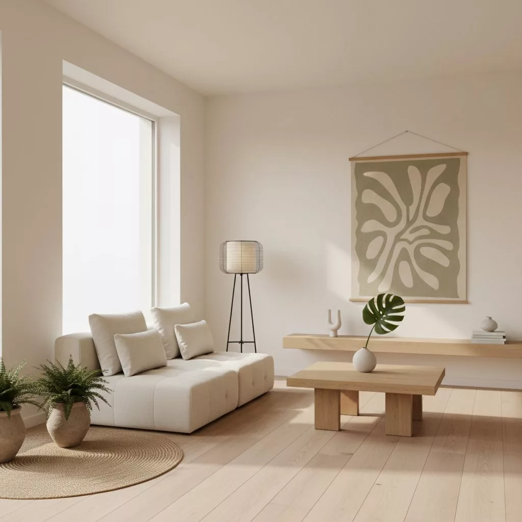 Salon lumineux et épuré de style Japandi dans une location Airbnb, optimisé par le home staging.