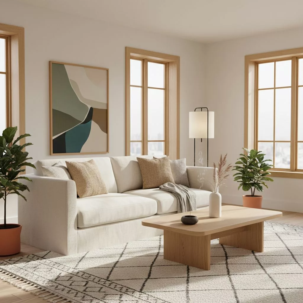 On y voit un salon lumineux et épuré dans le plus pur style Japandi : canapé confortable, table basse en bois clair et quelques touches de déco minimaliste. Le parfait exemple d