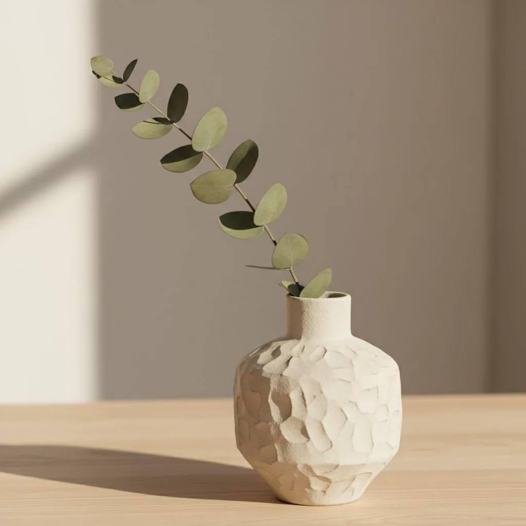 Un gros plan sur un élément de décoration de style Japandi, comme un vase en céramique texturée avec une seule branche d