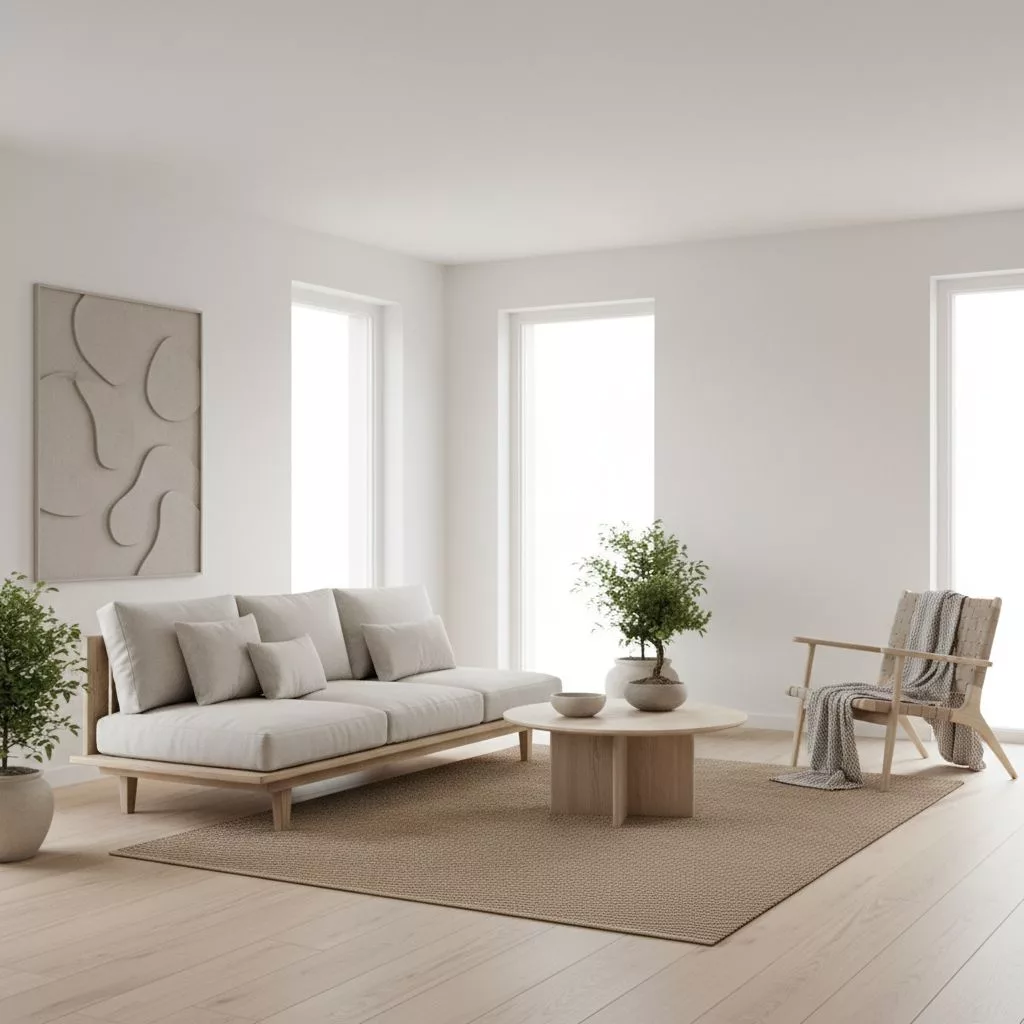 Un salon lumineux et épuré de style Japandi, avec des touches de bois clair et des textiles neutres, représentant un bien immobilier parfaitement préparé pour la location.