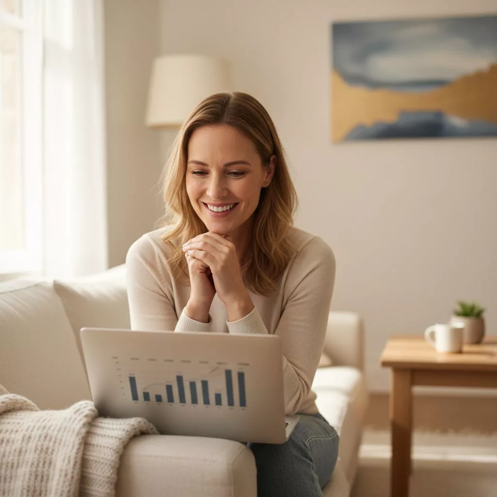 Une propriétaire examine ses revenus locatifs sur un ordinateur portable dans un cadre confortable, affichant un air de satisfaction et de contrôle sur ses finances.