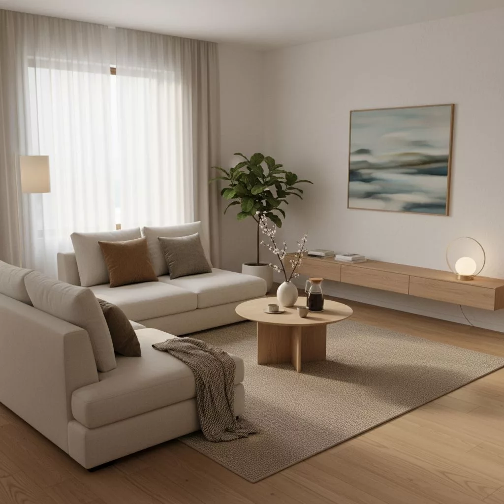 Un salon lumineux et épuré de style Japandi, parfaitement préparé pour accueillir des voyageurs Airbnb, avec des lignes simples et des matériaux naturels.