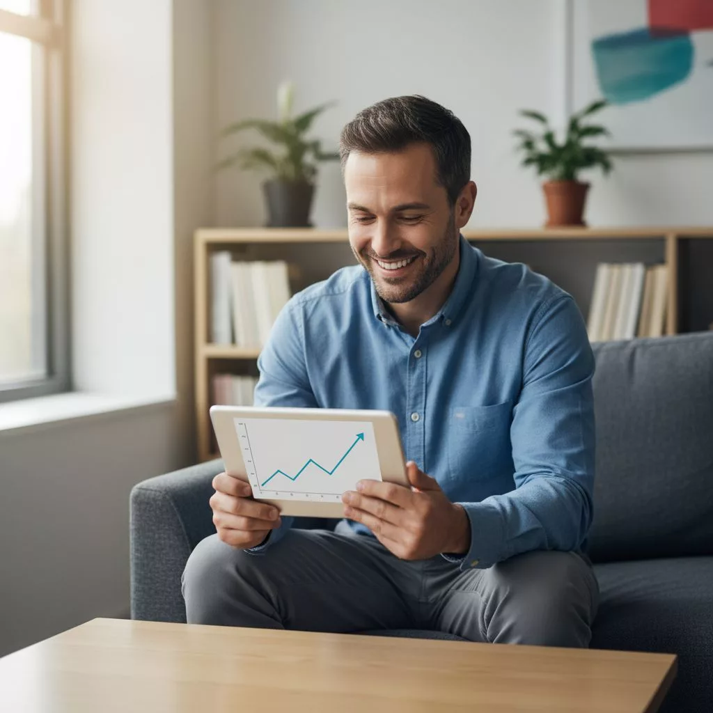 Un propriétaire immobilier souriant et détendu, regardant un graphique de revenus en hausse sur sa tablette dans un cadre confortable.