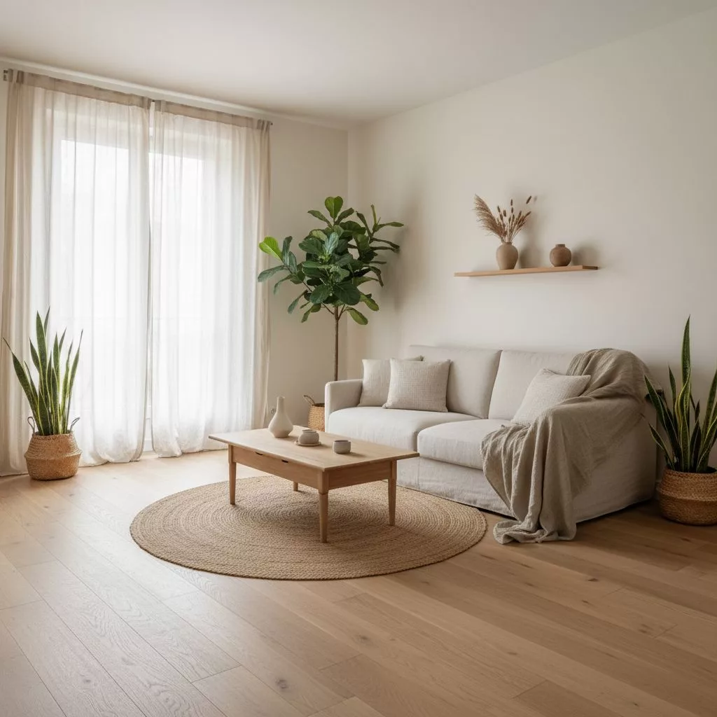 Un salon lumineux et épuré de style Japandi dans un appartement Airbnb à Valence, avec un canapé confortable, des plantes vertes et des matériaux naturels.