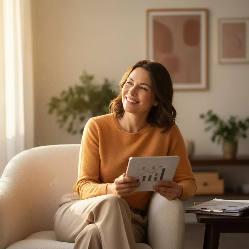 Un propriétaire immobilier souriant, se relaxant dans un fauteuil confortable, satisfait des revenus passifs générés par sa propriété bien gérée.