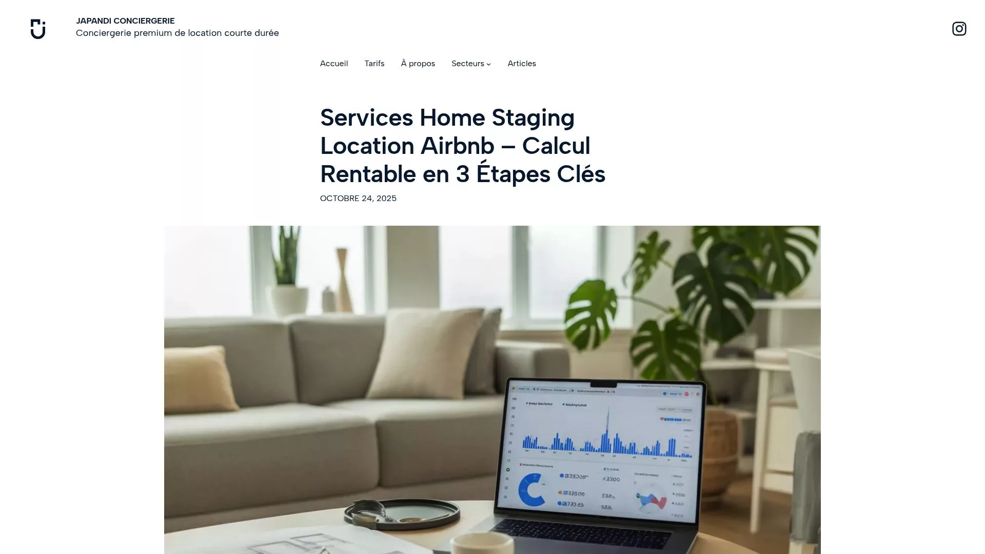 Aperçu de la page services du site japandi-conciergerie.com, montrant la gestion complète et les services premium offerts.