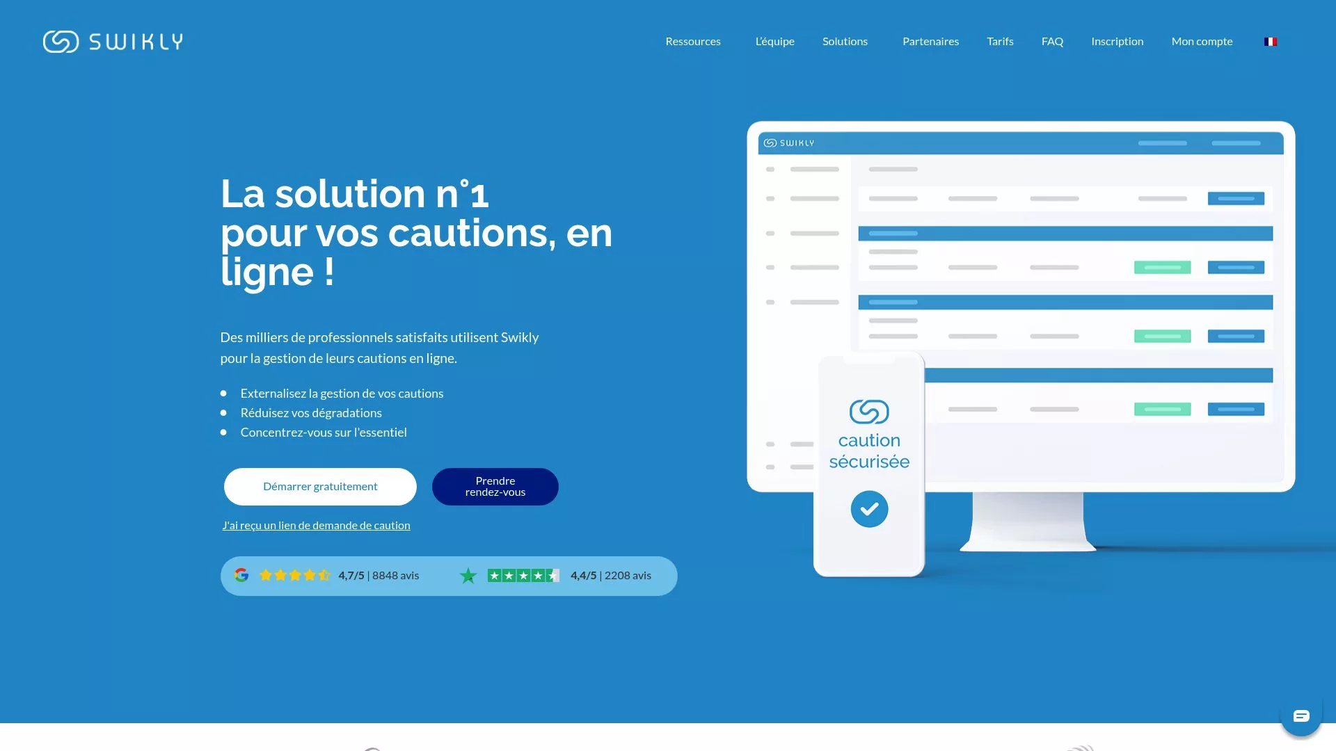 Swikly homepage screenshot showing the secure deposit system interface