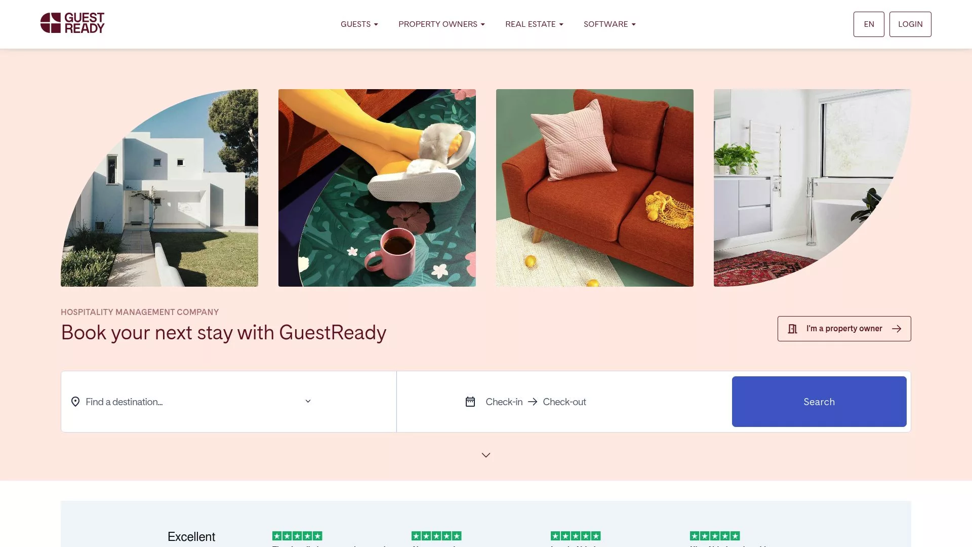 GuestReady website homepage screenshot showing their property management services globally