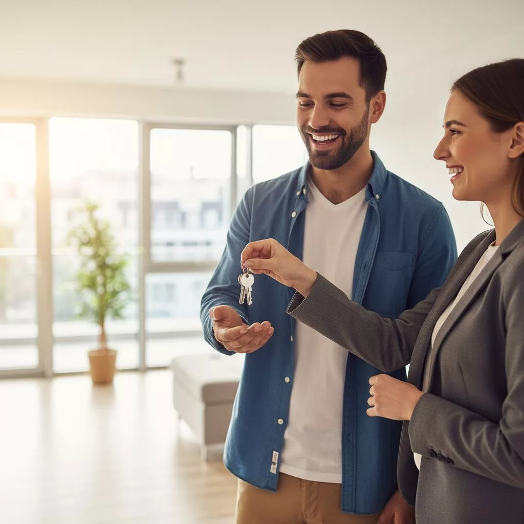 Un couple de voyageurs souriants reçoit les clés d