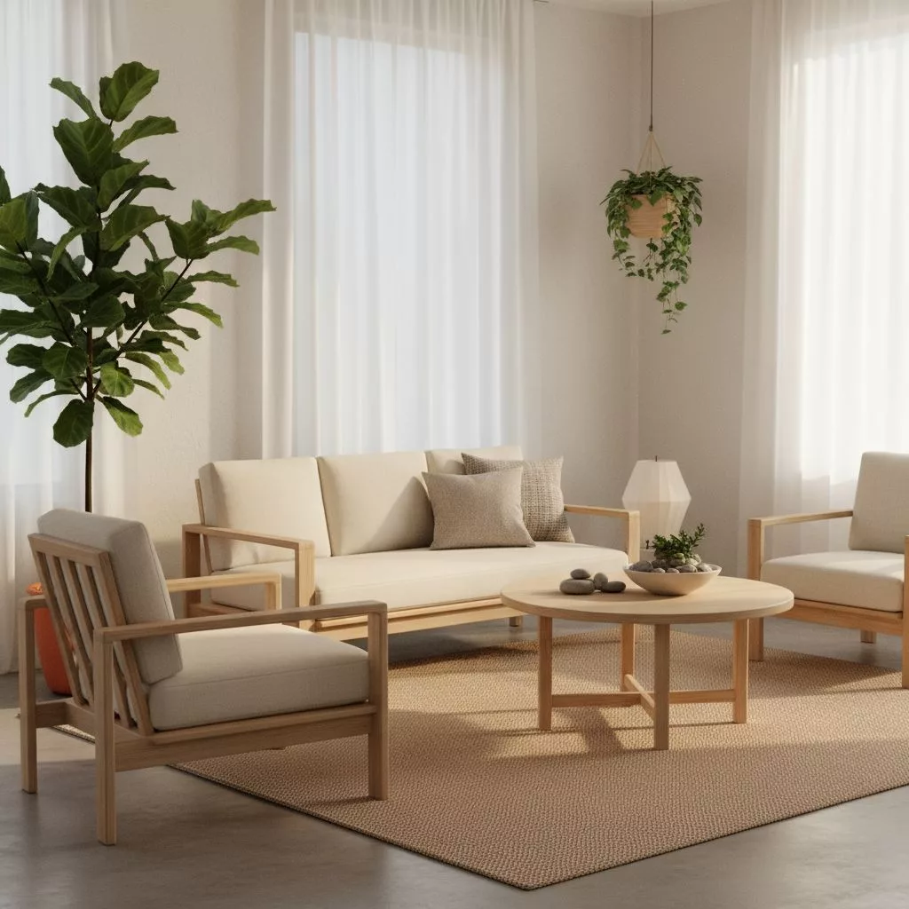 Un salon lumineux et élégant de style Japandi, avec ses meubles en bois clair, ses plantes et son ambiance apaisante. L