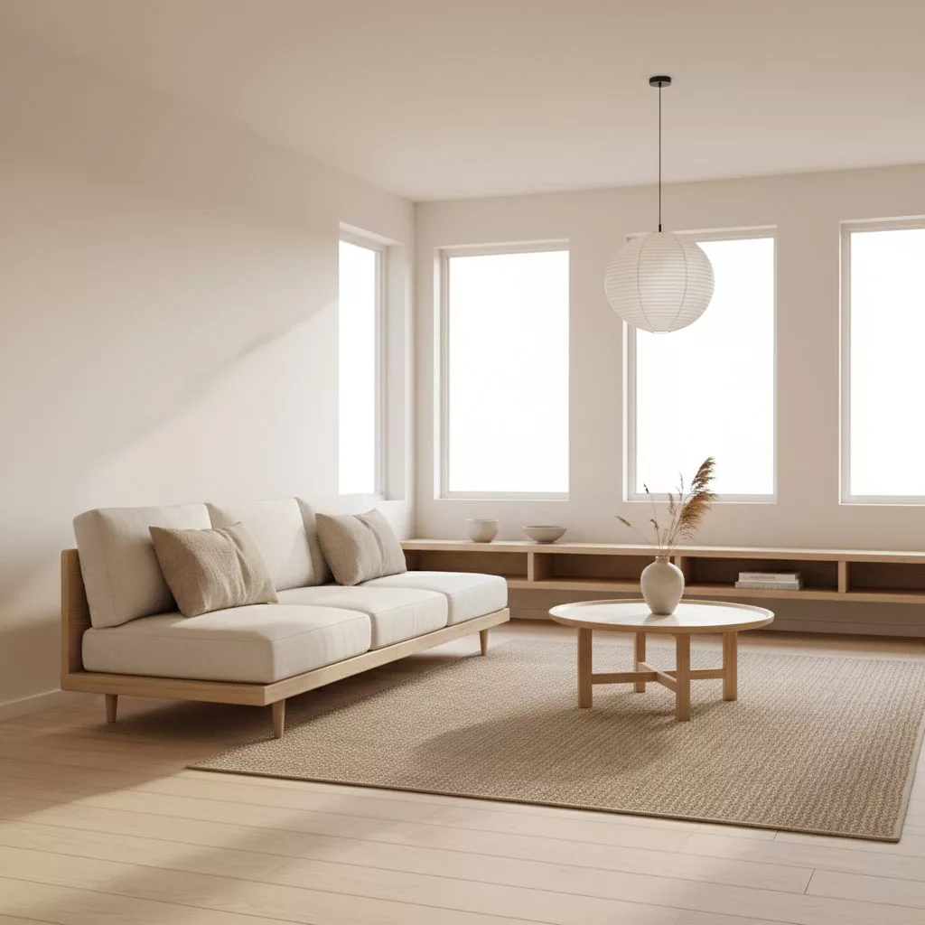 Un intérieur de salon au style Japandi, lumineux et épuré, avec des meubles en bois clair et une décoration minimaliste, évoquant le calme et la sérénité.