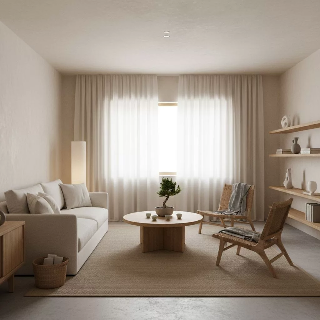 Salon de style Japandi épuré et accueillant, préparé pour des invités de location courte durée, avec des tons neutres et des matériaux naturels.