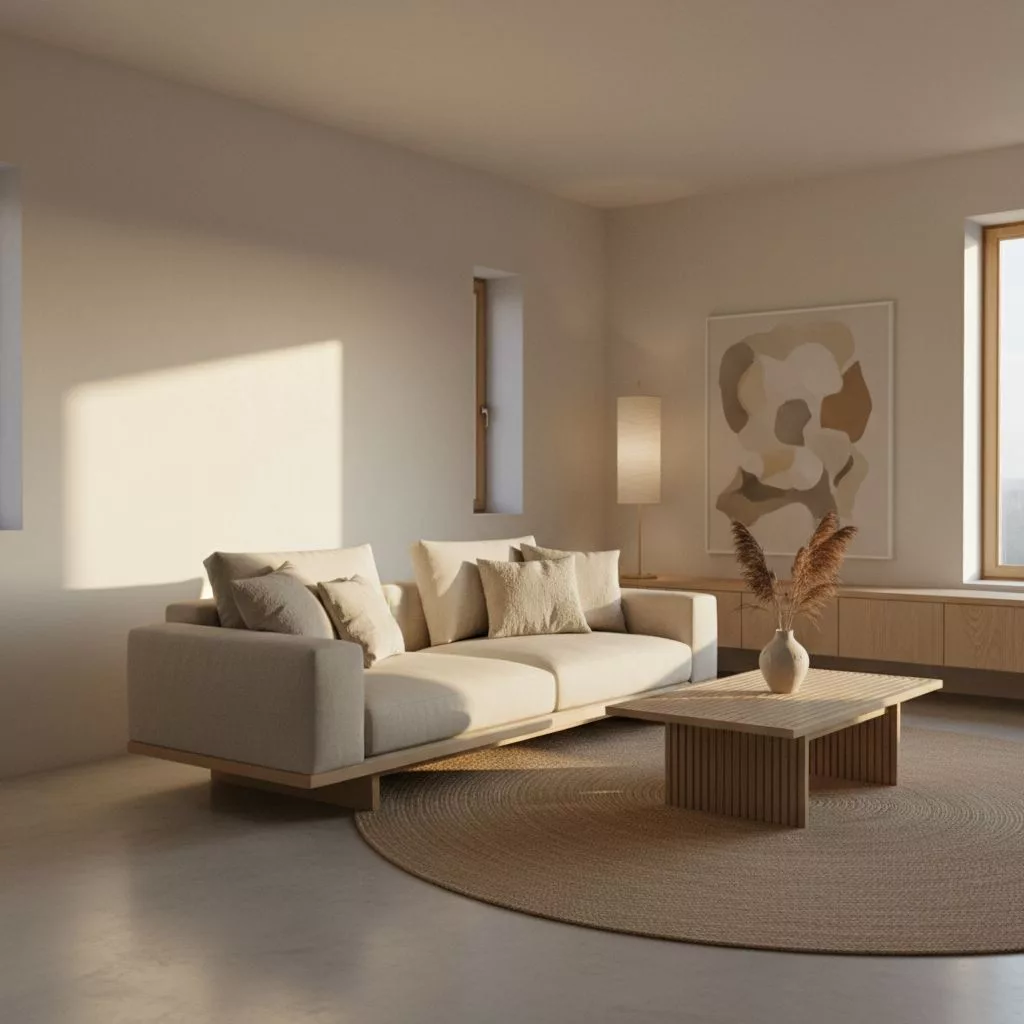 Un intérieur de salon élégant et épuré de style Japandi, avec des tons neutres, des matériaux naturels et une lumière douce, représentant un bien immobilier premium géré par une conciergerie.