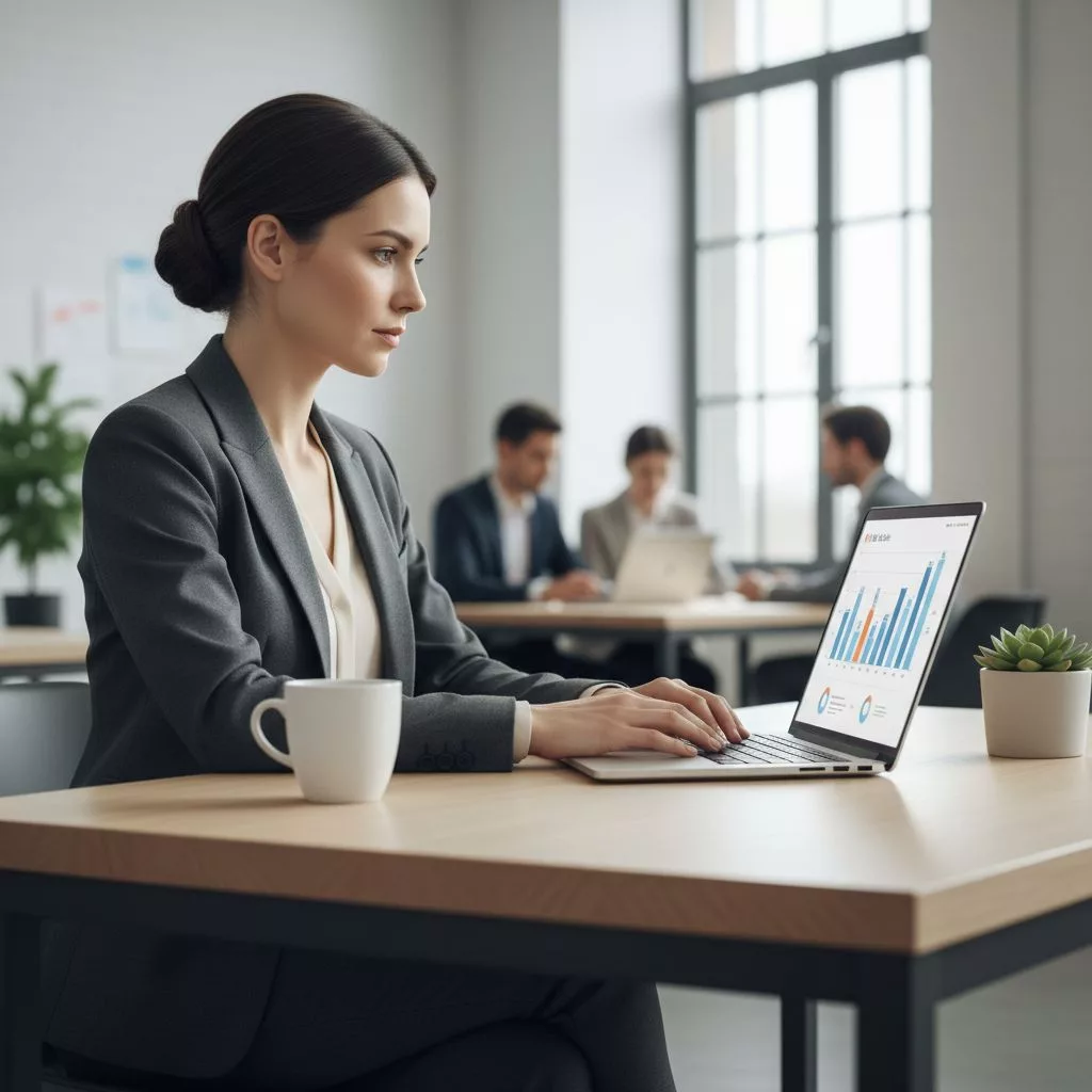 Une personne assise à un bureau moderne et épuré, utilisant un ordinateur portable pour gérer des réservations en ligne, avec des graphiques de performance affichés à l