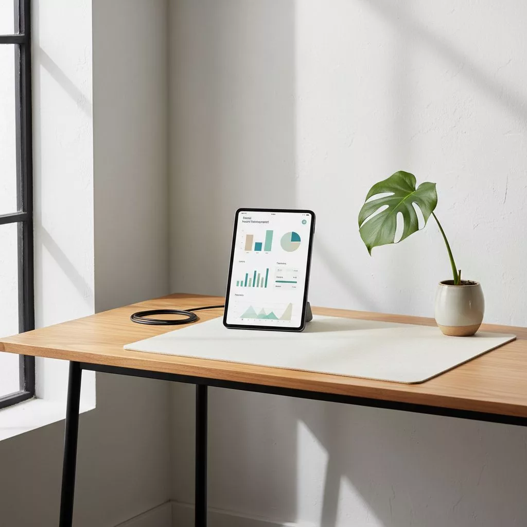 Un bureau élégant de style Japandi avec une tablette affichant un tableau de bord d