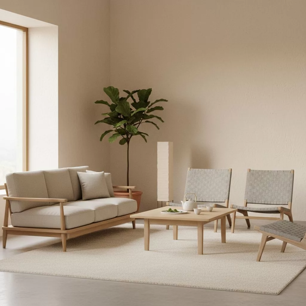 Un salon élégant et épuré de style Japandi, impeccablement préparé pour l