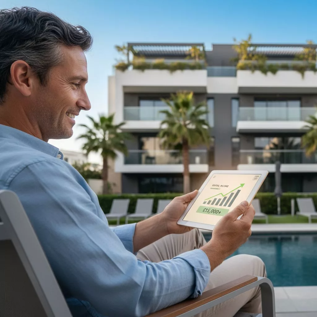 Un propriétaire immobilier détendu, regardant une tablette affichant un tableau de bord de revenus locatifs en hausse, avec son bien immobilier en arrière-plan.