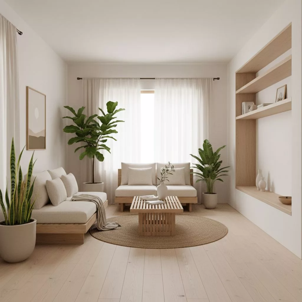 Un salon élégant et lumineux de style Japandi, meublé de bois clair, de plantes vertes et d