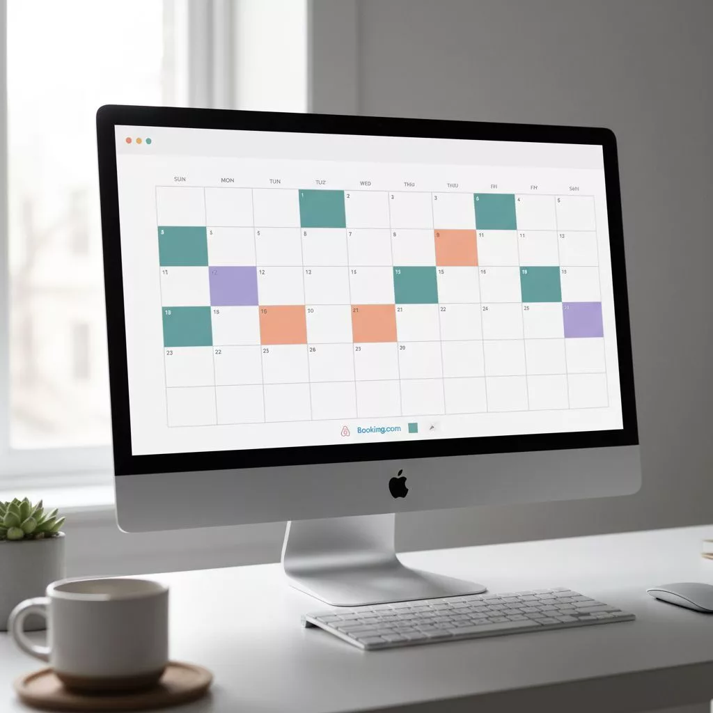 Un calendrier sur un ordinateur affichant des réservations synchronisées entre plusieurs plateformes (Airbnb, Booking.com...), une image parfaite de la gestion centralisée.