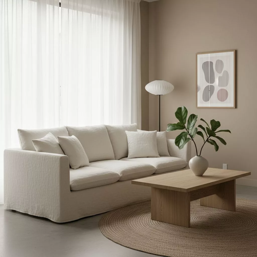 Un salon style Japandi, lumineux et accueillant. On y voit un canapé tout confort, une table basse en bois clair et une belle plante verte, l