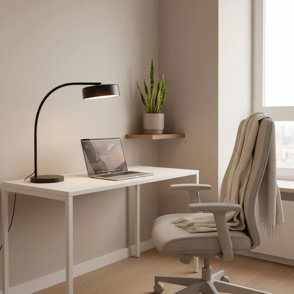 Le coin bureau parfait pour le télétravail dans un appartement. On y voit un ordinateur portable, une lampe design et une chaise confortable : tout ce qu
