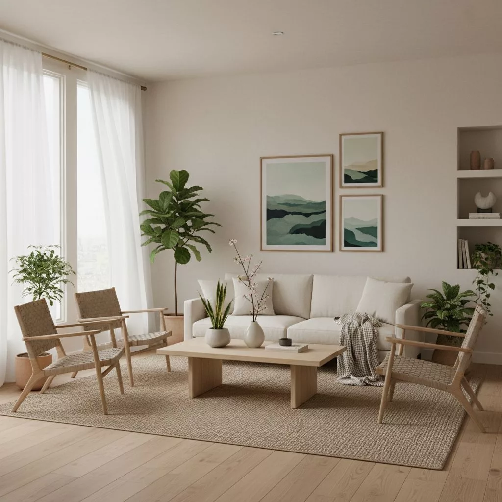 Un salon élégant et épuré de style Japandi, avec des meubles en bois clair, des plantes vertes et une lumière naturelle abondante, prêt à accueillir des voyageurs.