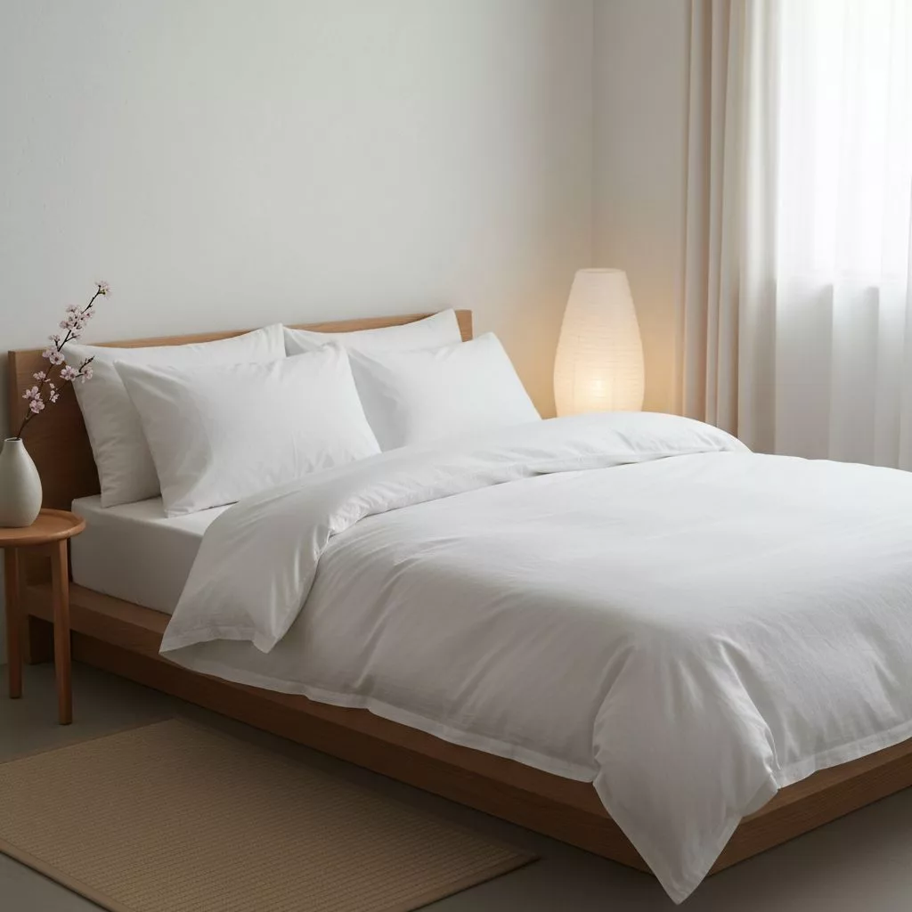 Un lit parfaitement fait avec des draps blancs de haute qualité dans une chambre minimaliste et sereine de style Japandi, avec un éclairage doux.