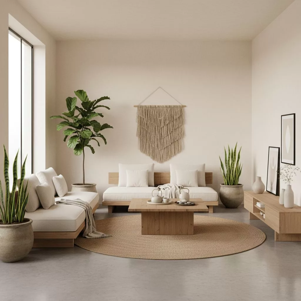 Un salon lumineux et accueillant au design épuré de style Japandi, avec des plantes vertes et des matériaux naturels, prêt à accueillir des voyageurs.