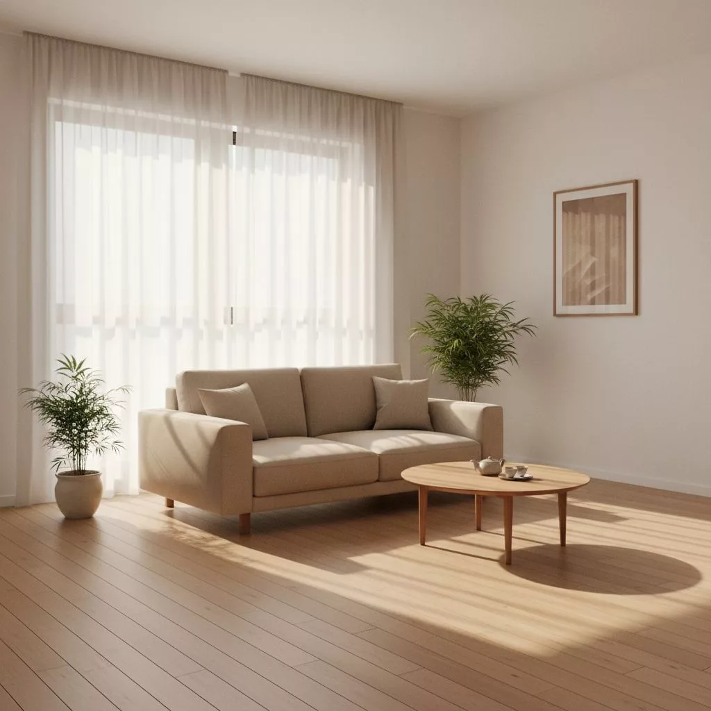 Minimalist japanese style living room with light wood floor and beige sofa, sunlight streaming through the window, creating a cozy atmosphere