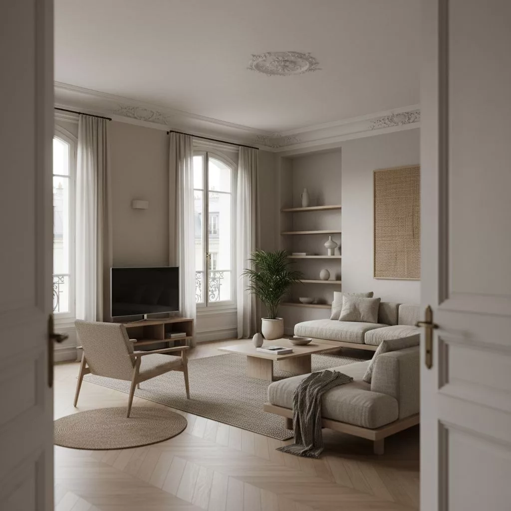 Elegant Haussmannian apartment in Paris with modern Japandi interior design, soft natural lighting, high quality furniture