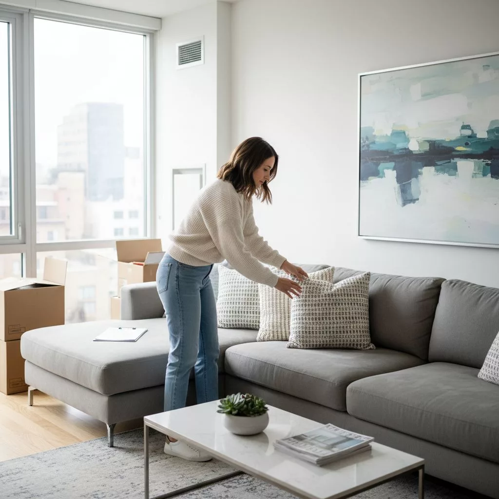Interior designer arranging furniture and decor in a bright apartment for rental preparation