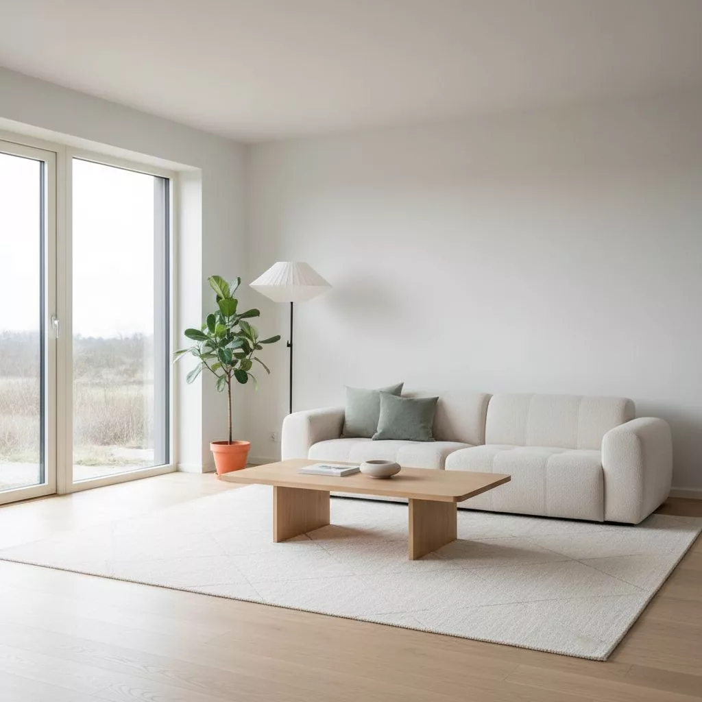 Modern scandinavian style living room interior prepared for Airbnb guests representing Japandi style