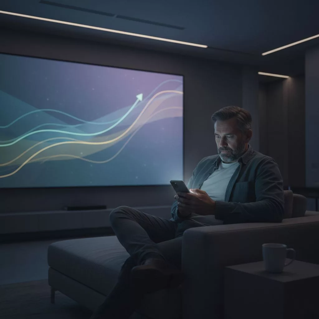 Property owner looking tired looking at a smartphone late at night with profit charts in background