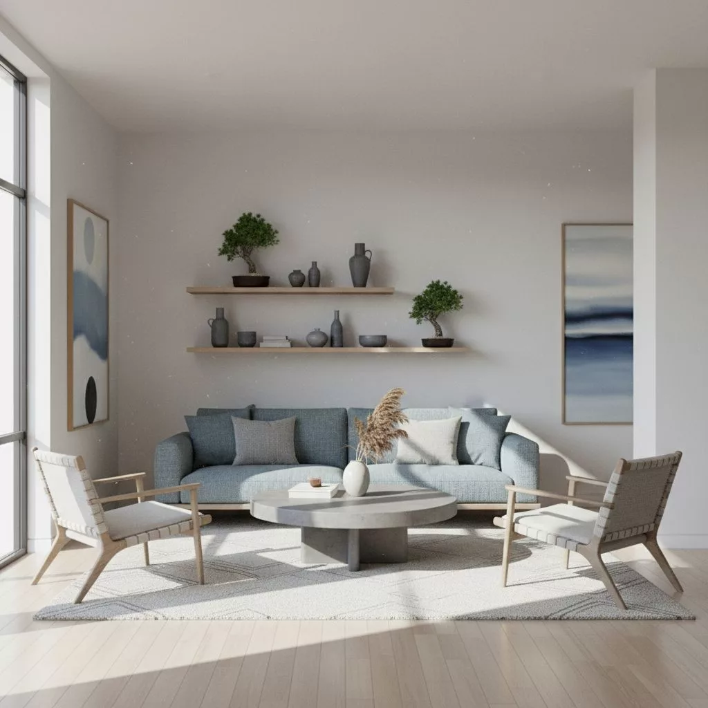 Modern Japandi style living room interior with sunlight, showing a perfectly prepared Airbnb rental