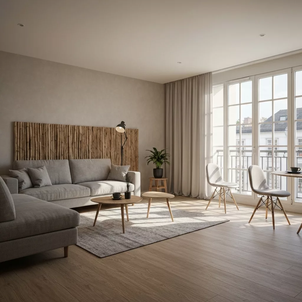 Modern apartment interior in Valence with Japandi style decoration suitable for Airbnb