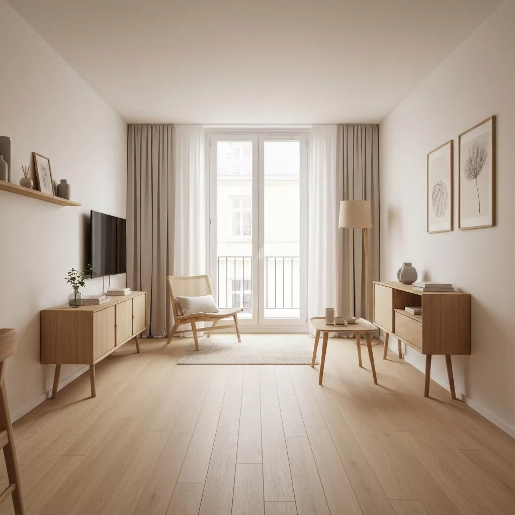 Modern apartment interior in Lyon with Japandi style decoration, soft lighting and minimalist furniture