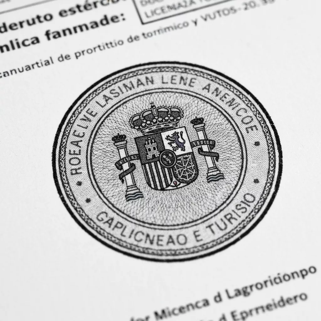 Close up of an official Spanish government document stamp on a tourism license application.