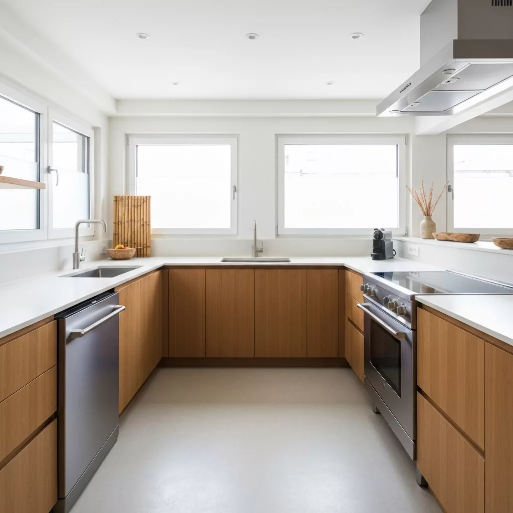 A modern, bright apartment in Valence designed in Japandi style, highlighting the high standards required for 2025 regulations.