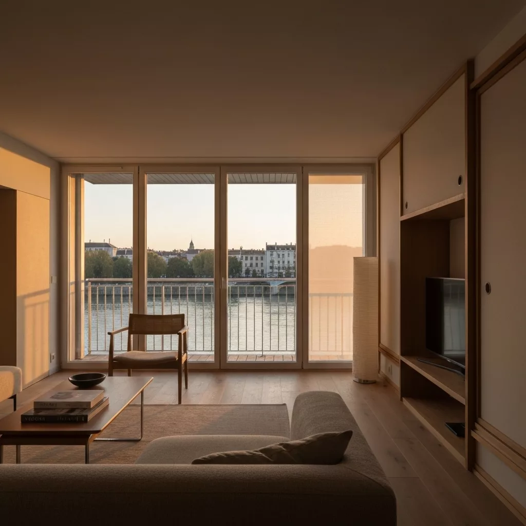 A bright, modern apartment in Lyon center with japandi style decoration, looking out over the rhone river, professional photography style