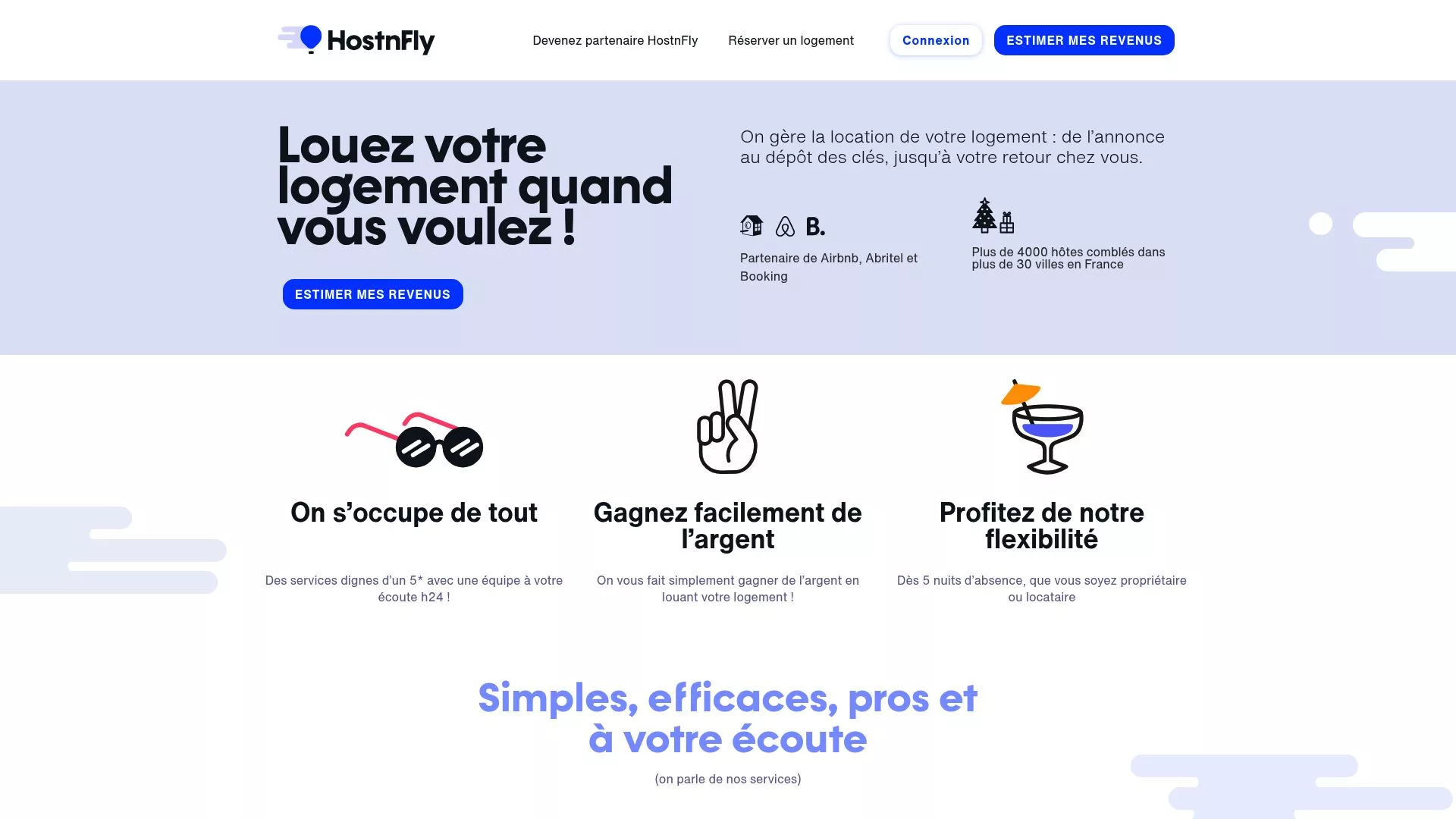 Screenshot of HostnFly homepage showing their management service proposition.