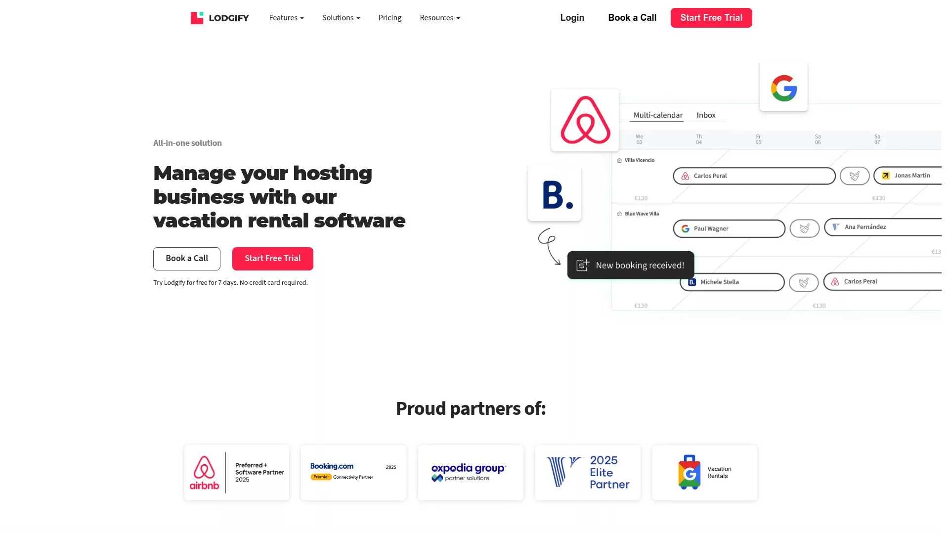 Screenshot of Lodgify homepage showing their direct booking website builder features