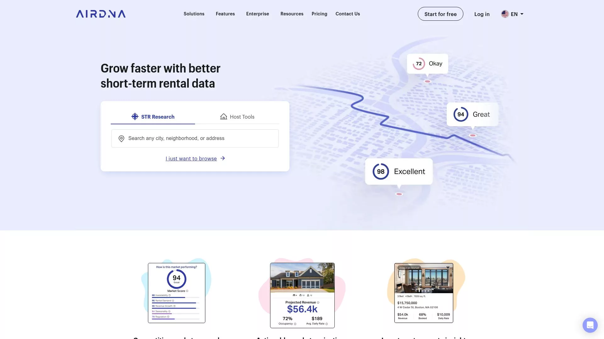 Screenshot of AirDNA dashboard showing rental analytics and market data