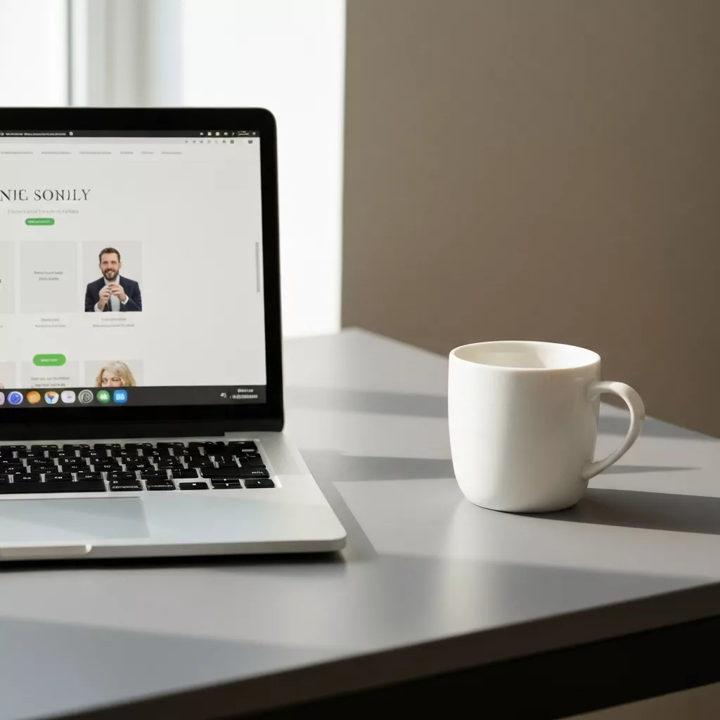 A modern, minimalist laptop setup on a wooden desk with a coffee cup, representing the ease of remote management for an owner.