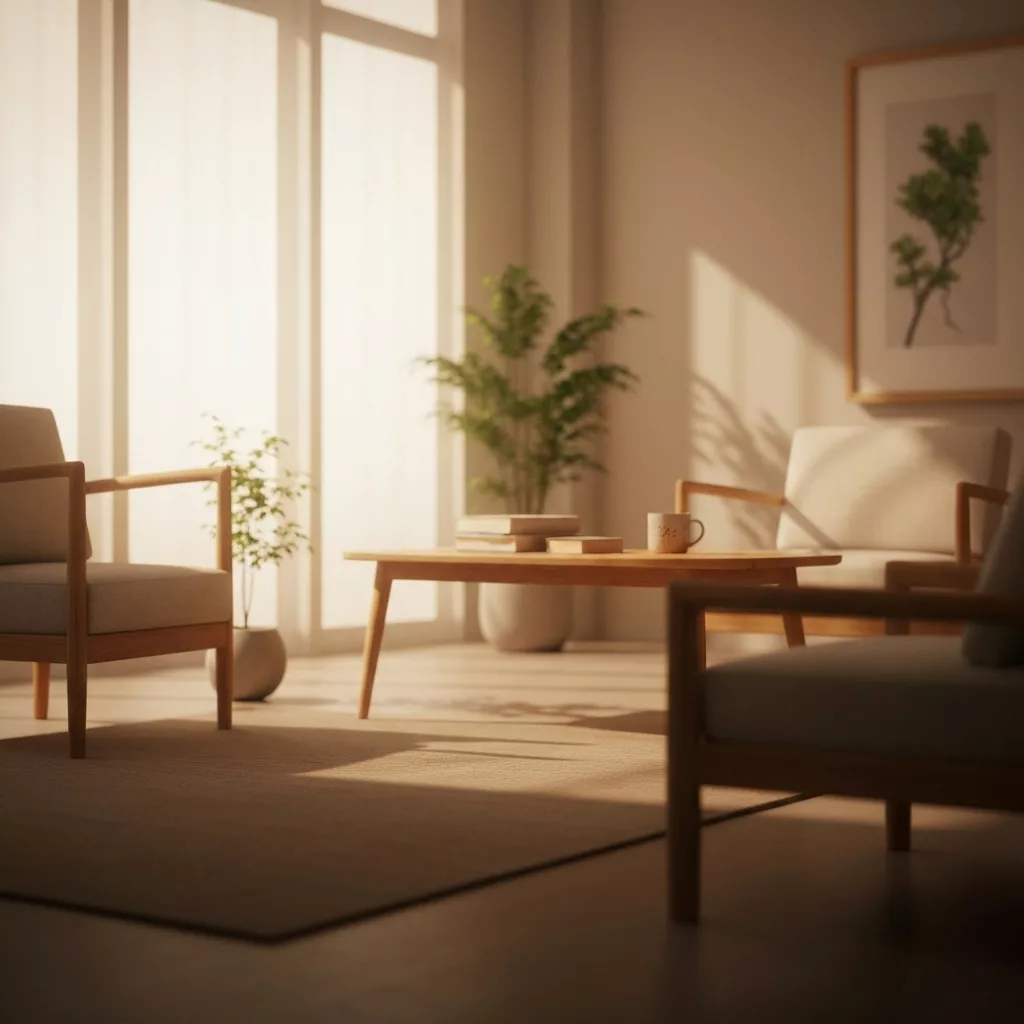 A cozy, modern living room with Japandi style decoration, showcasing a welcoming atmosphere for an Airbnb guest, warm lighting, and minimalist furniture.