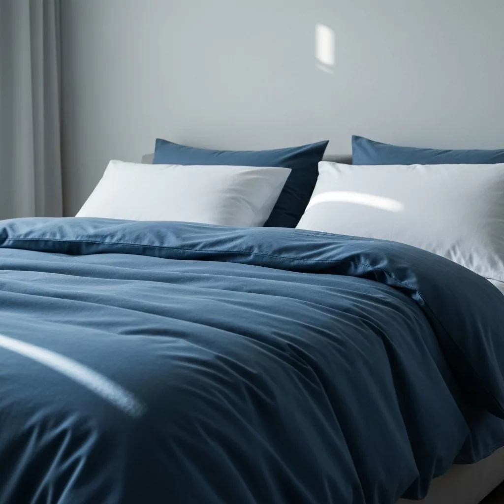 Close up of a pristine, perfectly made hotel-style bed with crisp white sheets and fluffy pillows in a cozy bedroom
