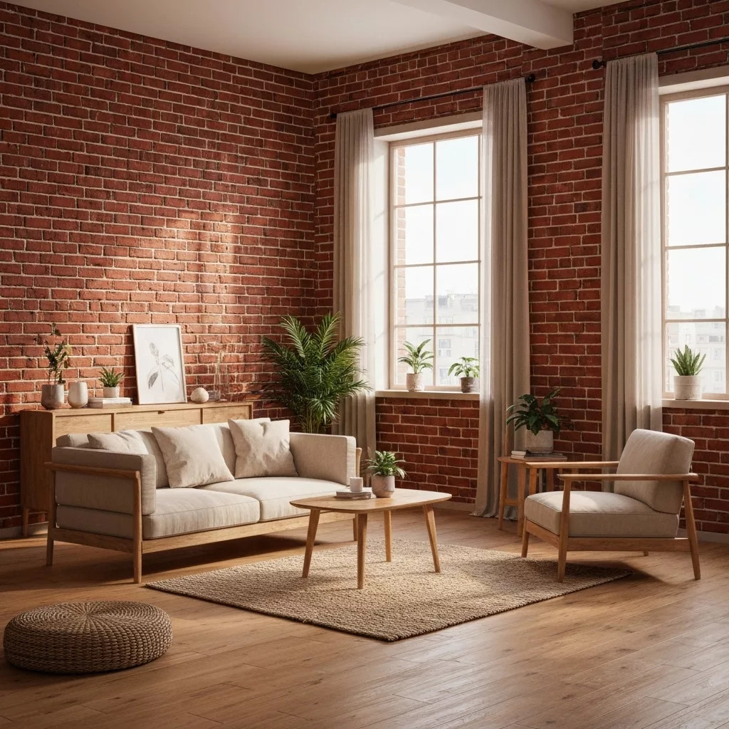 A warm, inviting living room in a Toulouse apartment with visible red brick walls, styled with Japandi decor, sunlight streaming in, wide angle