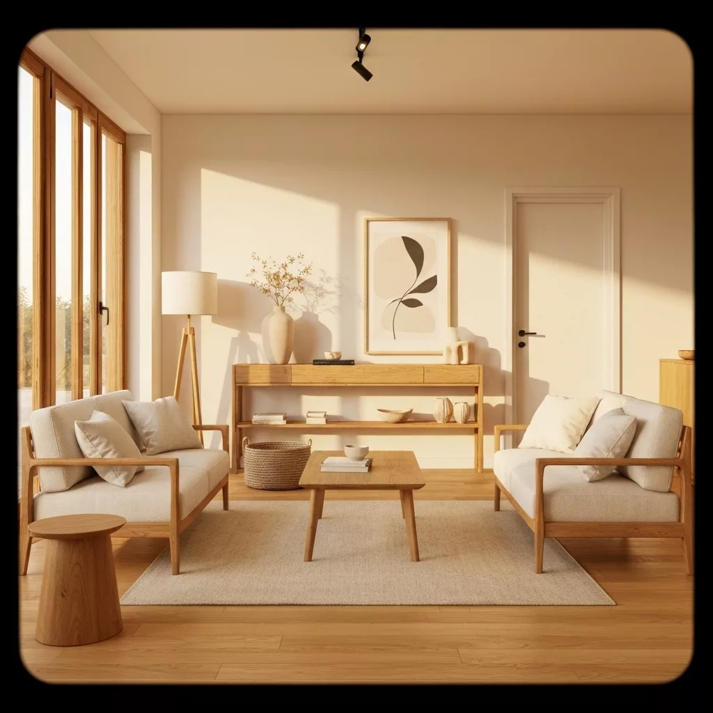 Modern japandi style living room with natural light designed for short term rental