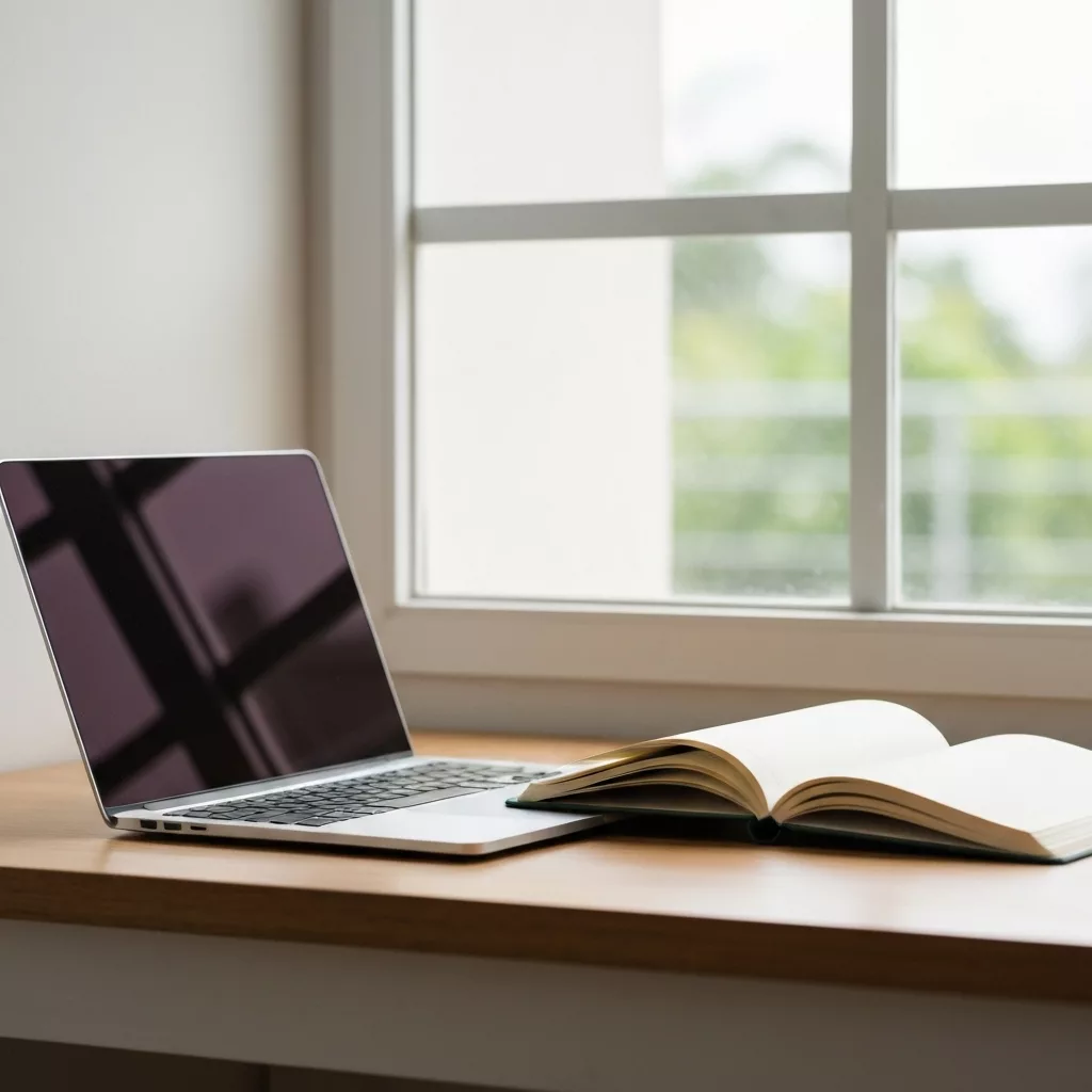 Detailed lifestyle shot of a laptop and notebook on a wooden desk near a window, suggesting a perfect workspace for digital nomads.
